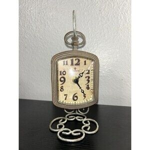 Vintage Style Metal Clock On Hanging Stand Steampunk Look Tested Works 9” Decor